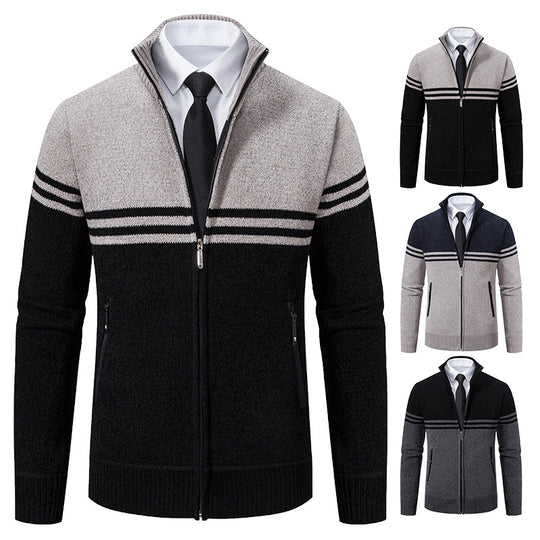 Herren sportliche und modische Strickjacke mit Reißverschluss und kontrastierenden Streifen R&B