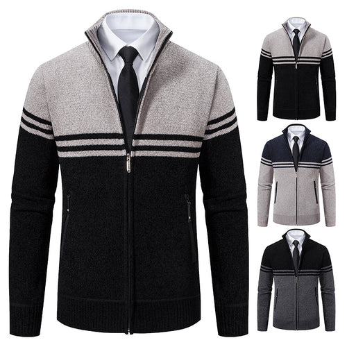 Herren sportliche und modische Strickjacke mit Reißverschluss und kontrastierenden Streifen R&B