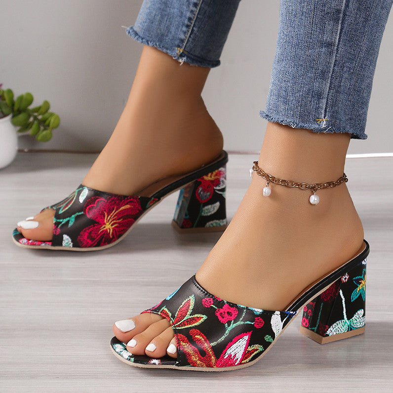 Damen Offene Mules mit floralem Muster und komfortablem Blockabsatz R&B