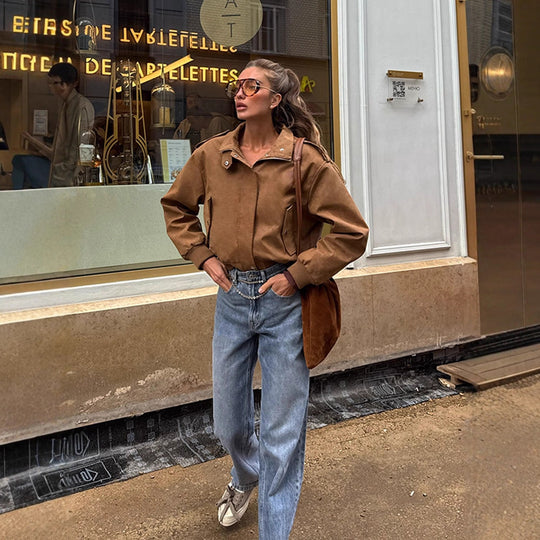 Damen lässige Kurzjacke mit voluminösen Ärmeln und Reißverschluss R&B