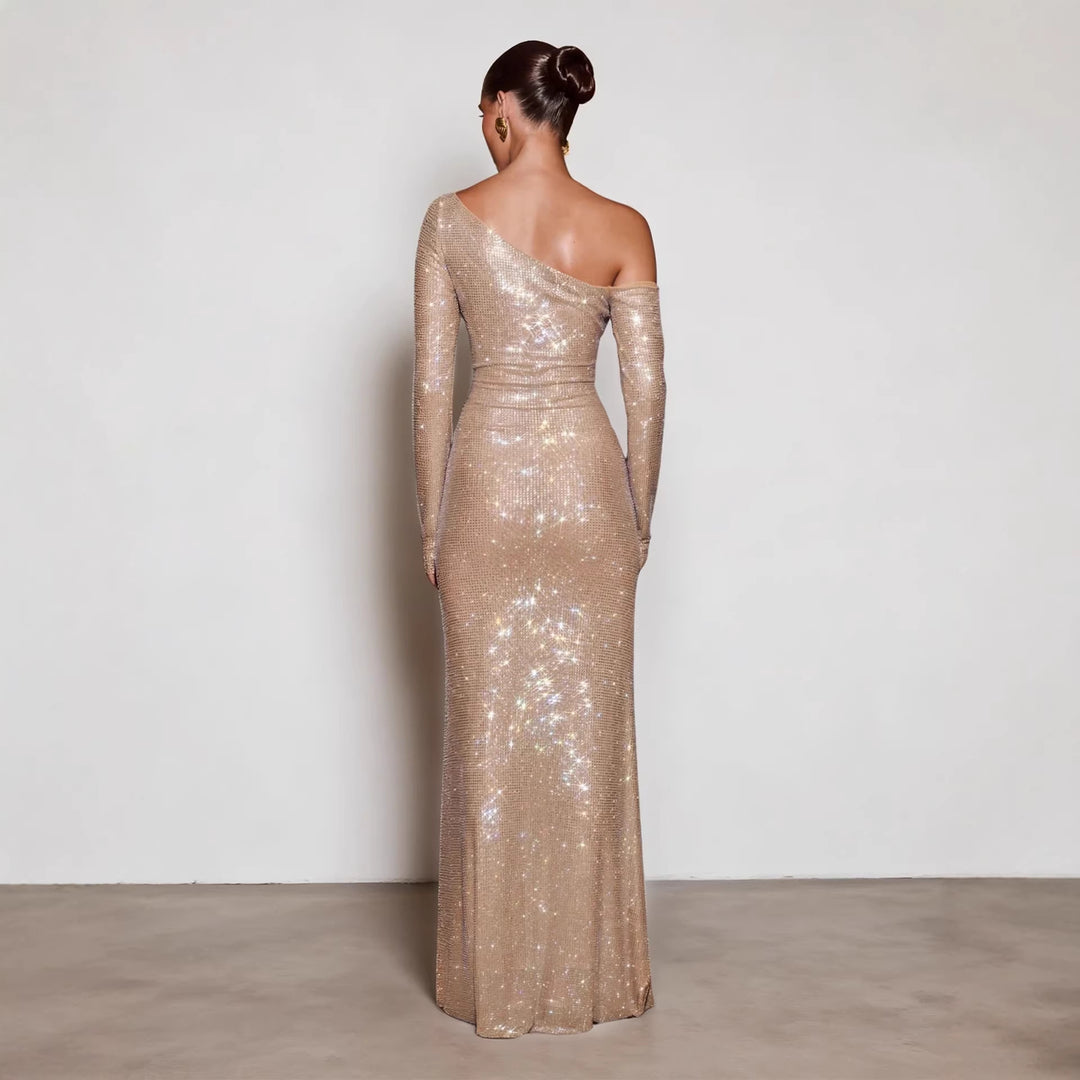Damen Figurbetontes Abendkleid mit schimmerndem Paillettenbesatz und asymmetrischem Ausschnitt R&B