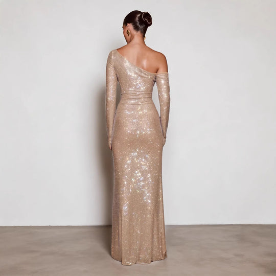 Damen Figurbetontes Abendkleid mit schimmerndem Paillettenbesatz und asymmetrischem Ausschnitt R&B