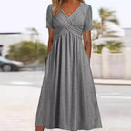 Damen nan fließendes Maxikleid mit gekreuzter Passe V-Ausschnitt Kurzarm und Eingrifftaschen R&B