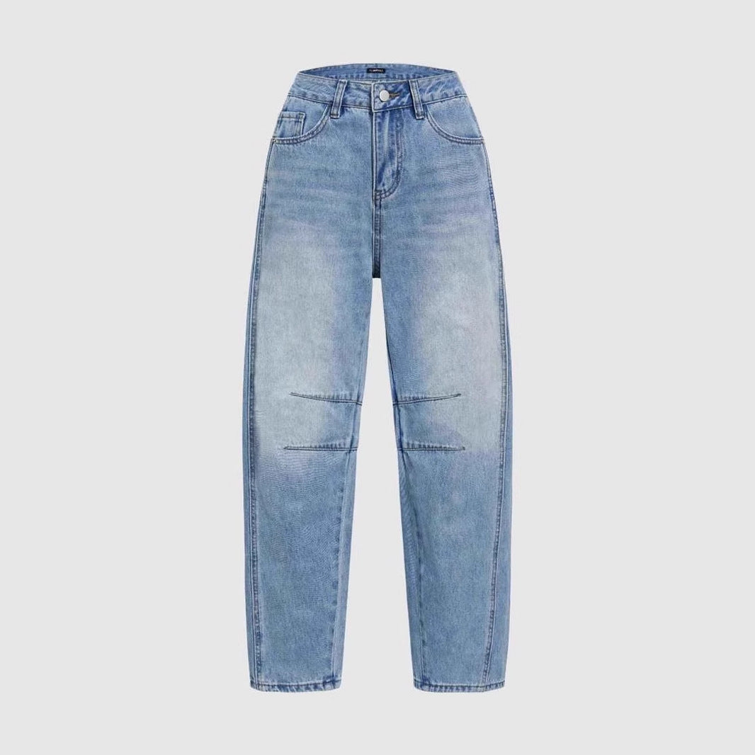 Damen weit geschnittene Denim-Jeans mit hohem Bund und modernen Designdetails R&B