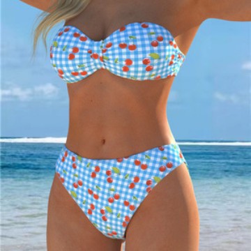 Damen Bandeau-Bikini mit verspieltem Karomuster und fruchtigem Print R&B