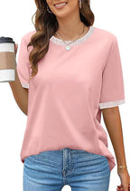 Damen Lässiges Kurzarm-Shirt mit Modischem Streifenkragen R&B