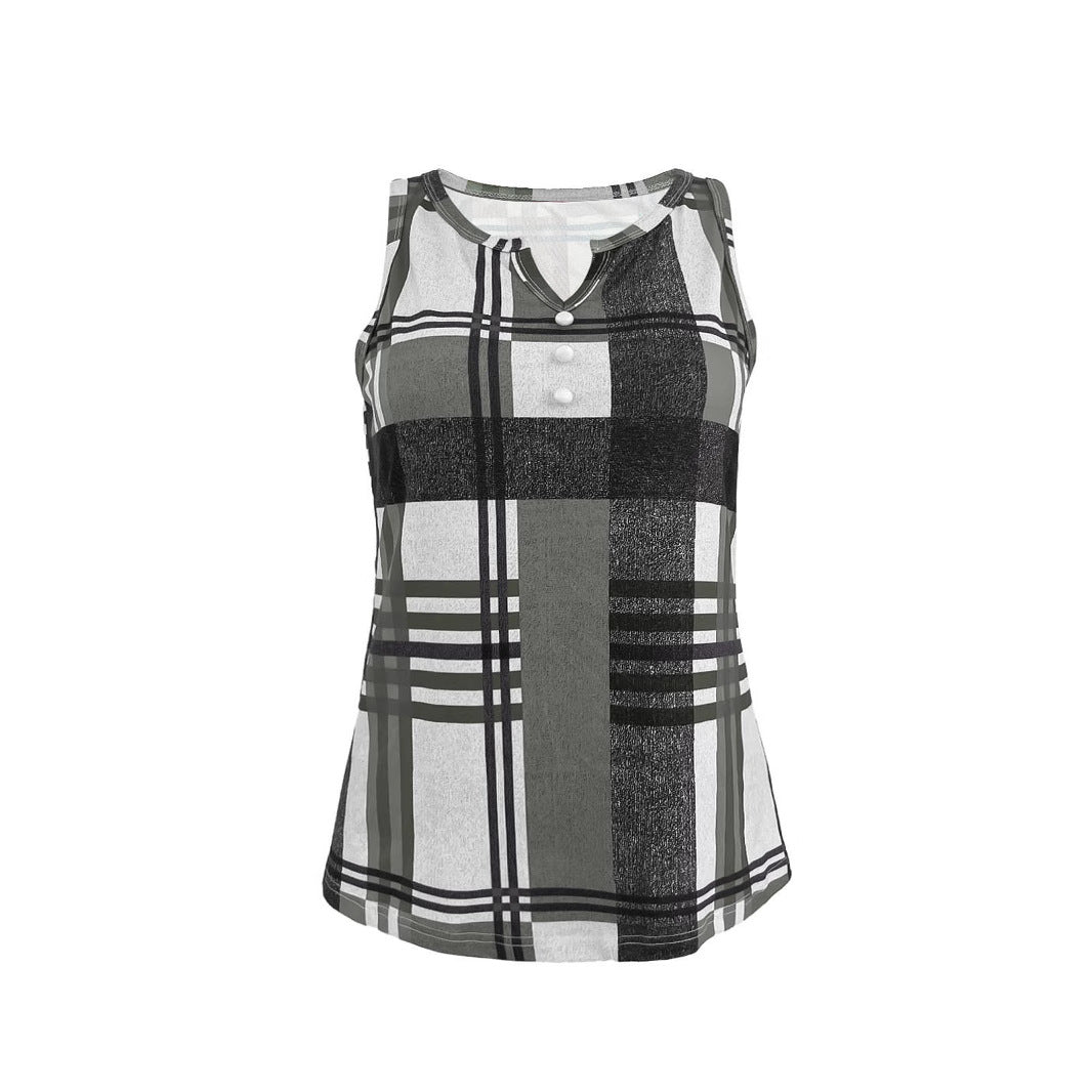 Damen ärmelloses V-Neck Top mit dekorativem Knopfdetail und modernem Karomuster R&B