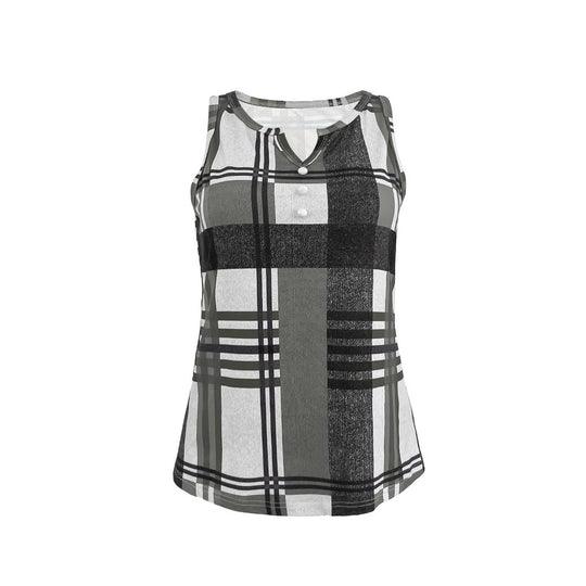 Damen ärmelloses V-Neck Top mit dekorativem Knopfdetail und modernem Karomuster R&B
