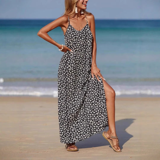 Damen Maxi-Kleid mit zartem Blumendruck und seitlichem Schlitz R&B
