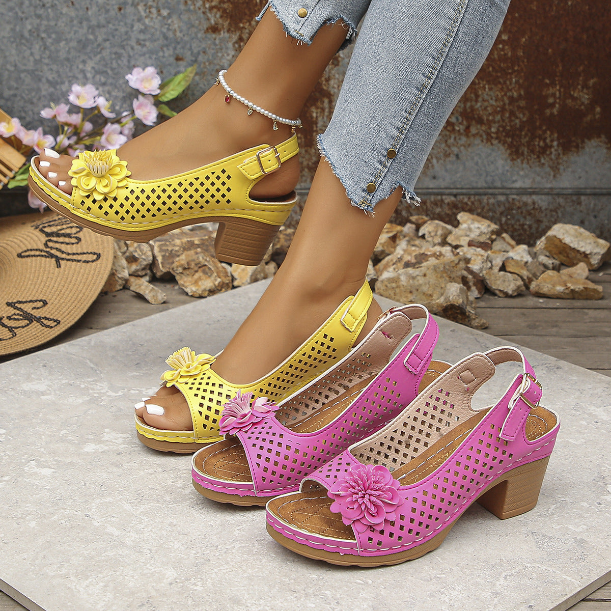 Damen Slingback-Pantoletten mit floralen Lochmustern und komfortablem Blockabsatz R&B