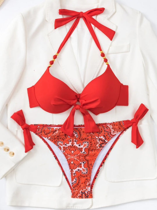 Damen Bikini-Set mit modischem Knoten und bunten Akzenten R&B