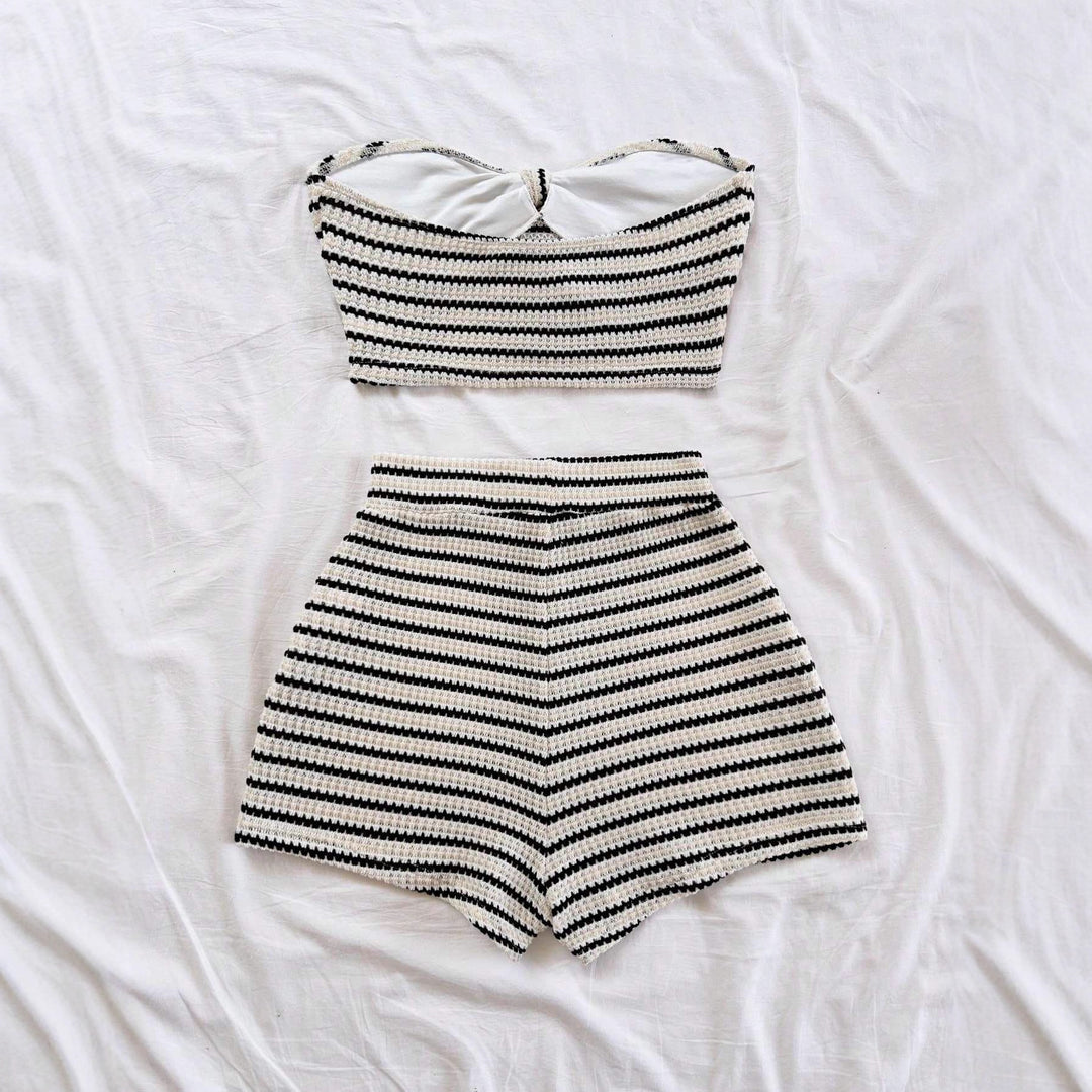 Damen Bandeau-Top und Short-Set mit maritimem Streifenmuster R&B