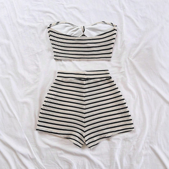Damen Bandeau-Top und Short-Set mit maritimem Streifenmuster R&B