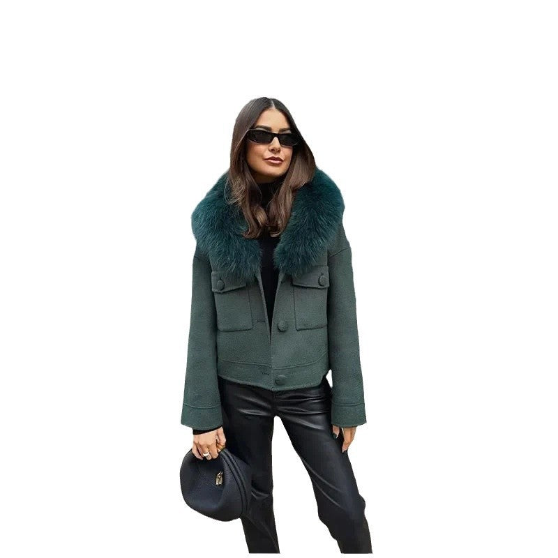Damen Elegante Wolljacke mit luxuriösem Kunstfellkragen R&B
