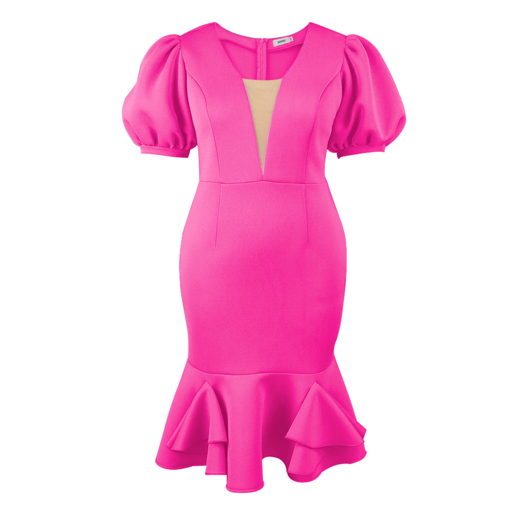 Damen figurbetontes Kleid mit voluminösen Puffärmeln und elegantem Rüschenabschluss R&B