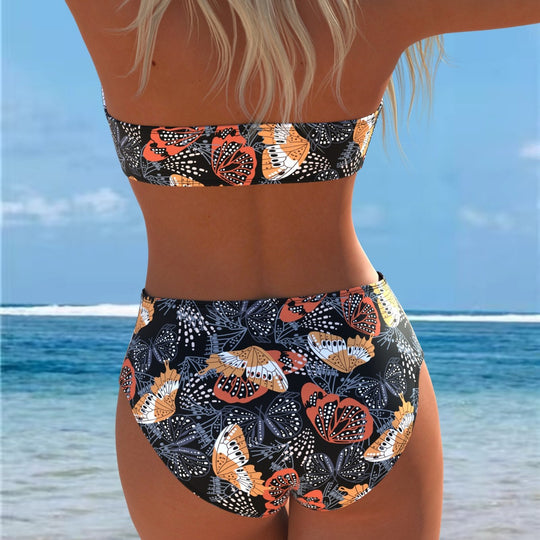 Damen Bandeau-Bikini mit hohem Taillenschnitt und kontrastierendem Blumendesign R&B