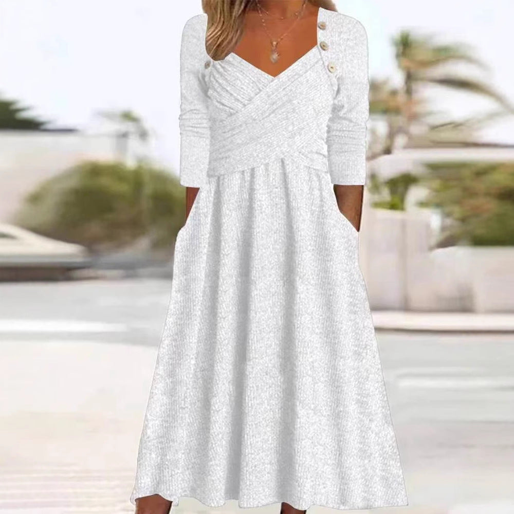 Damen nan legeres Strick-Maxikleid mit Wickeloberteil V-Ausschnitt Eingrifftaschen und Zierknopfleiste R&B