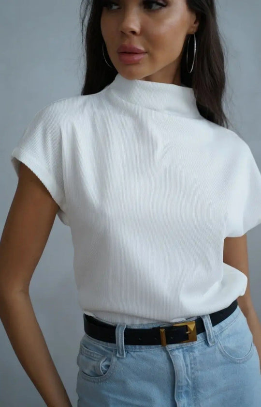 Damen modernes Kurzarm-Oberteil mit hohem Stehkragen und strukturiertem Design R&B