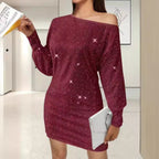 Damen Glamouröses Minikleid mit asymmetrischem Schulterdesign und Funkeleffekten R&B