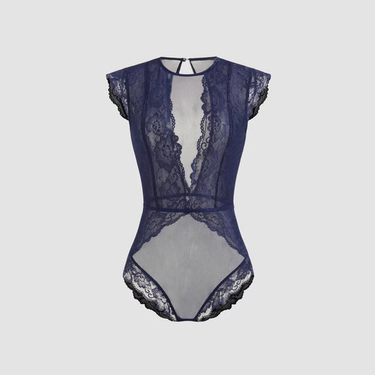 Damen Elegantes Spitzenbody mit tiefem V-Ausschnitt und zarten Rüschendetails R&B