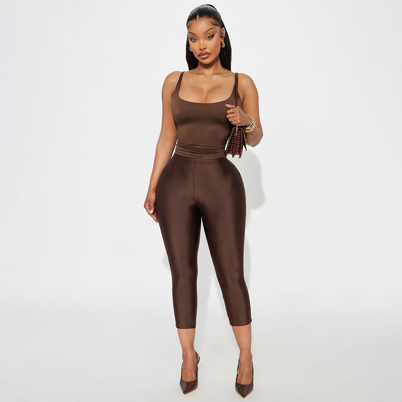 Damen Figurbetonte Capri-Leggings mit Hochbund und luxuriösem Glanz R&B