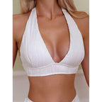 Damen Halter-Bikinioberteil mit trendiger Rippstruktur und tiefem V-Ausschnitt R&B
