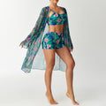 Damen Badeanzug Set mit floralem Oberteil und transparentem Strandüberwurf R&B