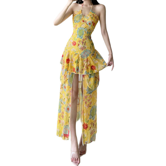 Damen fließendes Maxi-Kleid mit Blumenmuster und Rüschen R&B
