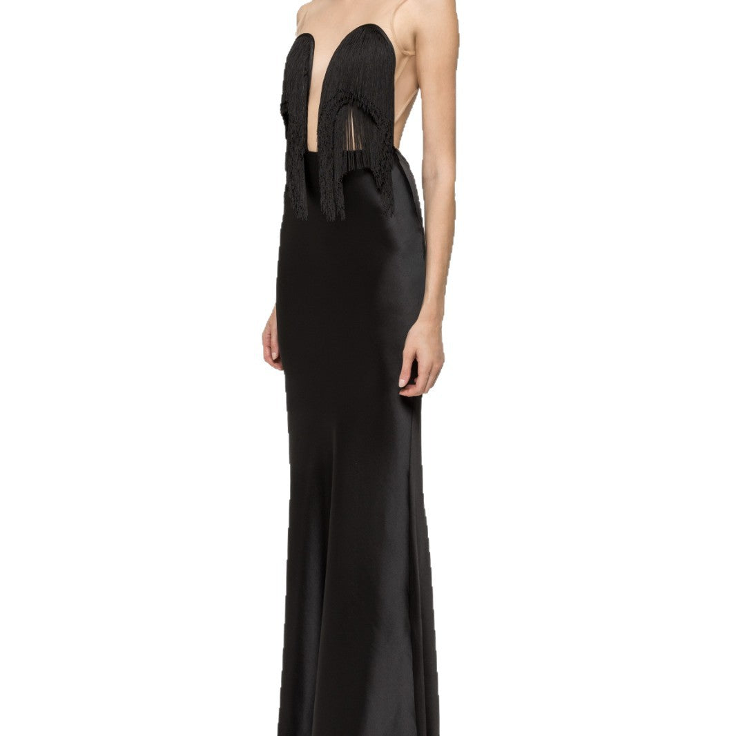 Damen Langärmliges Maxikleid mit tiefem V-Ausschnitt und fransierten Details R&B