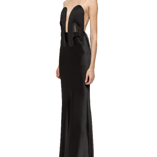 Damen Langärmliges Maxikleid mit tiefem V-Ausschnitt und fransierten Details R&B