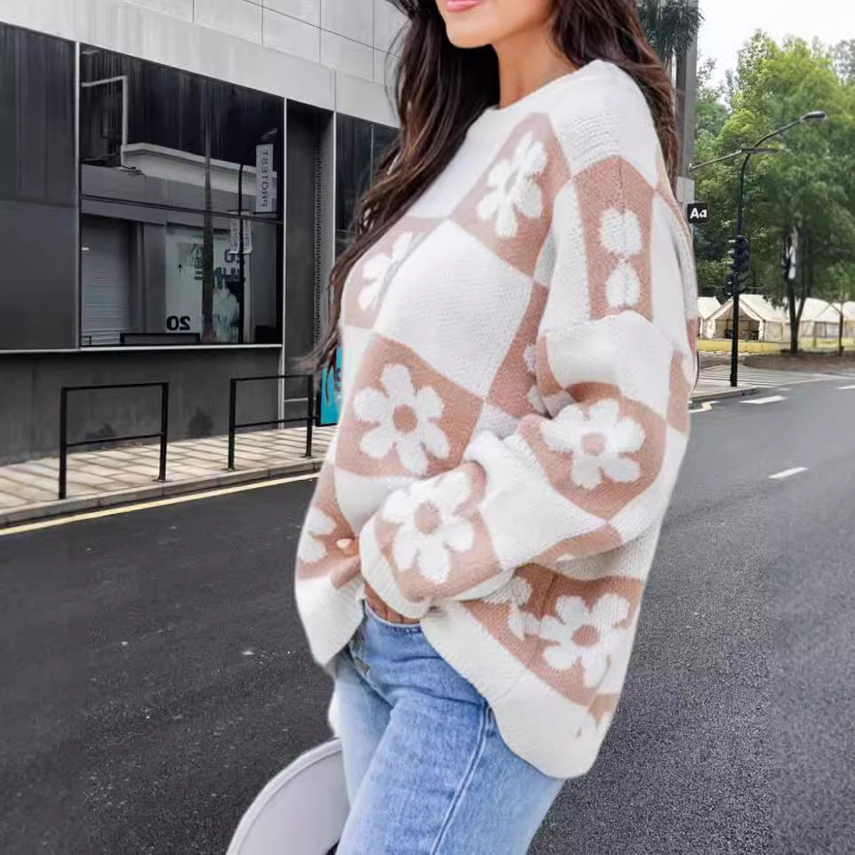 Damen Oversized Strickpullover mit floralem Muster und lässigem Schnitt R&B