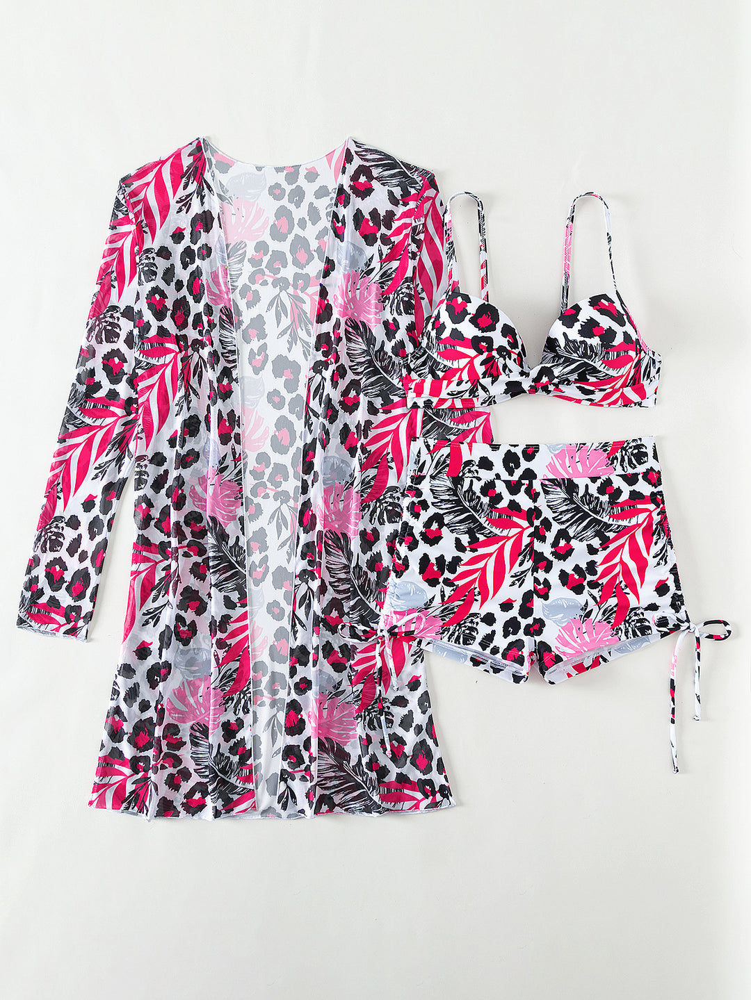 Damen Bikiniset mit modischem Überwurf und stylischem Leopardenmuster R&B