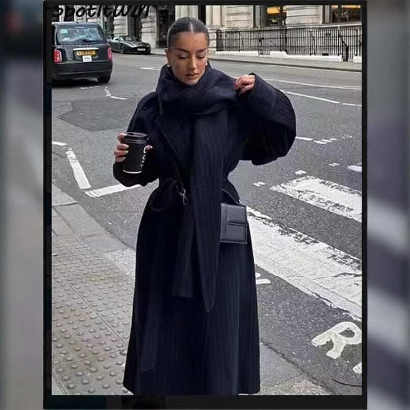 Damen eleganter Wickelmantel mit breitem Kragen und Bindegürtel R&B