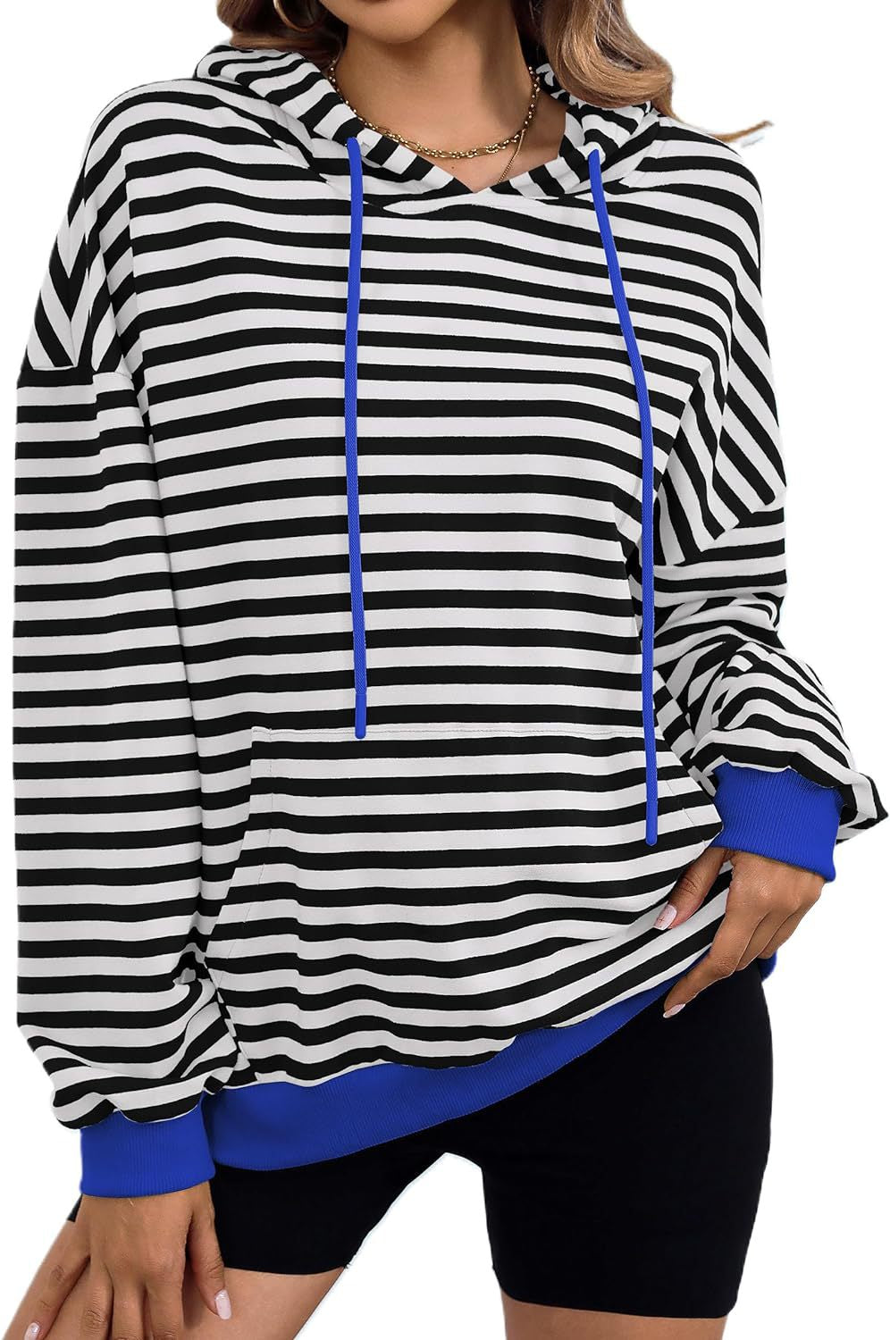 Damen gestreifter Kapuzenpullover mit stylischer Kängurutasche R&B
