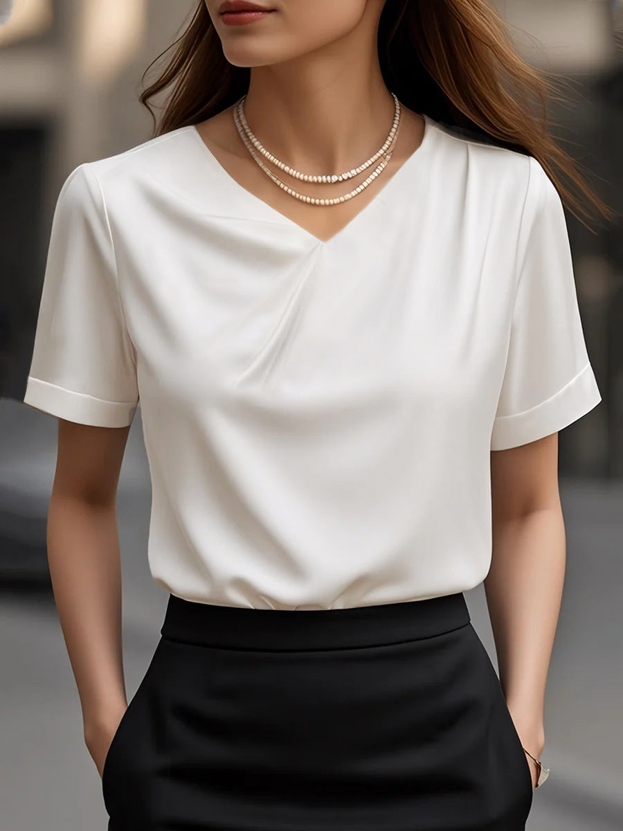 Damen Elegantes V-Ausschnitt Blusenshirt mit kurzärmeligen Design R&B