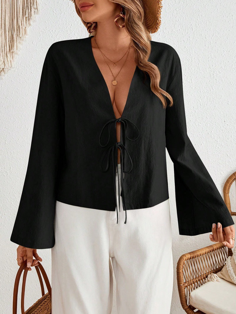 Damen lässige Bluse mit tiefem V-Ausschnitt und schnürbarem Detail R&B
