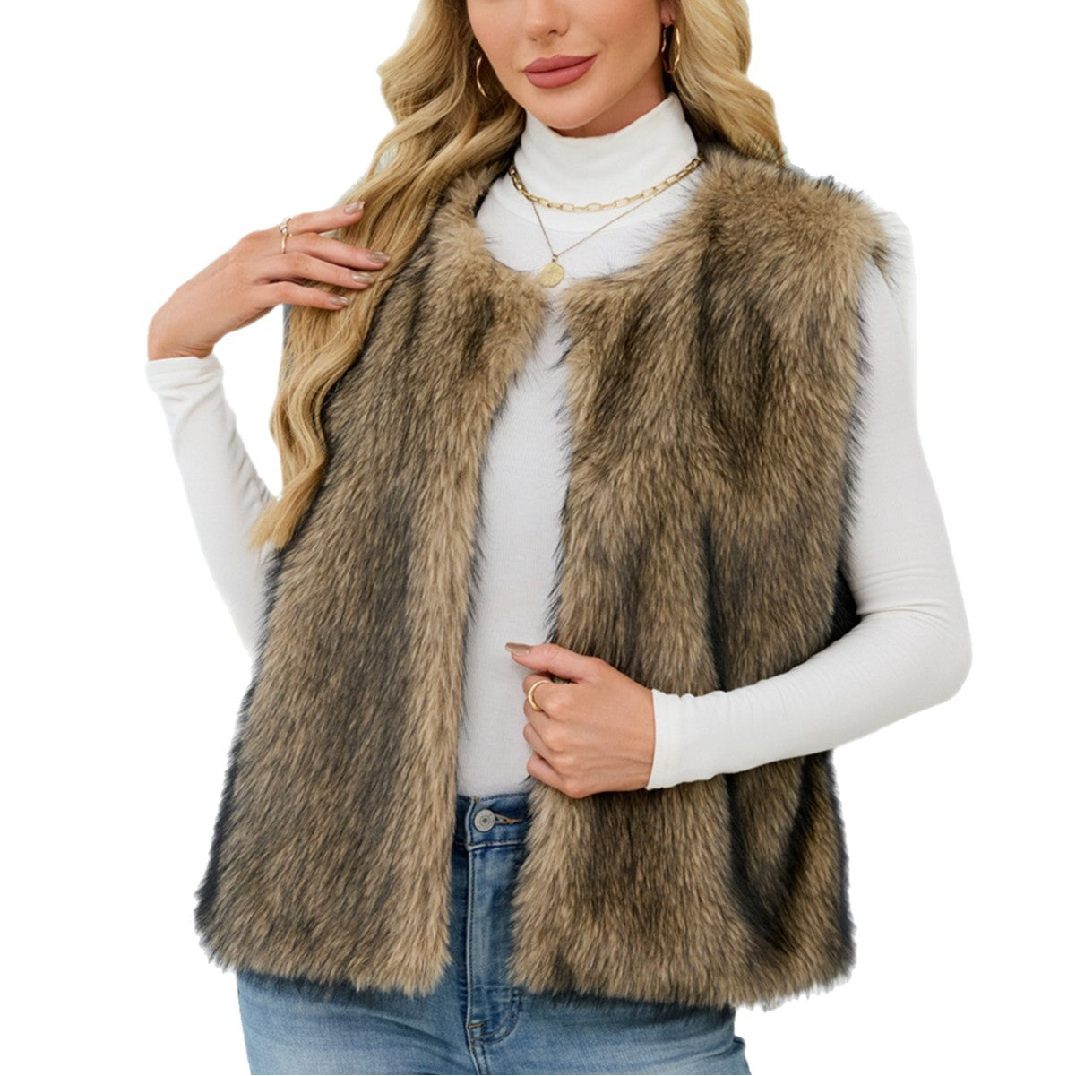 Damen Flauschige Kunstpelzweste mit voluminösem Kragen R&B