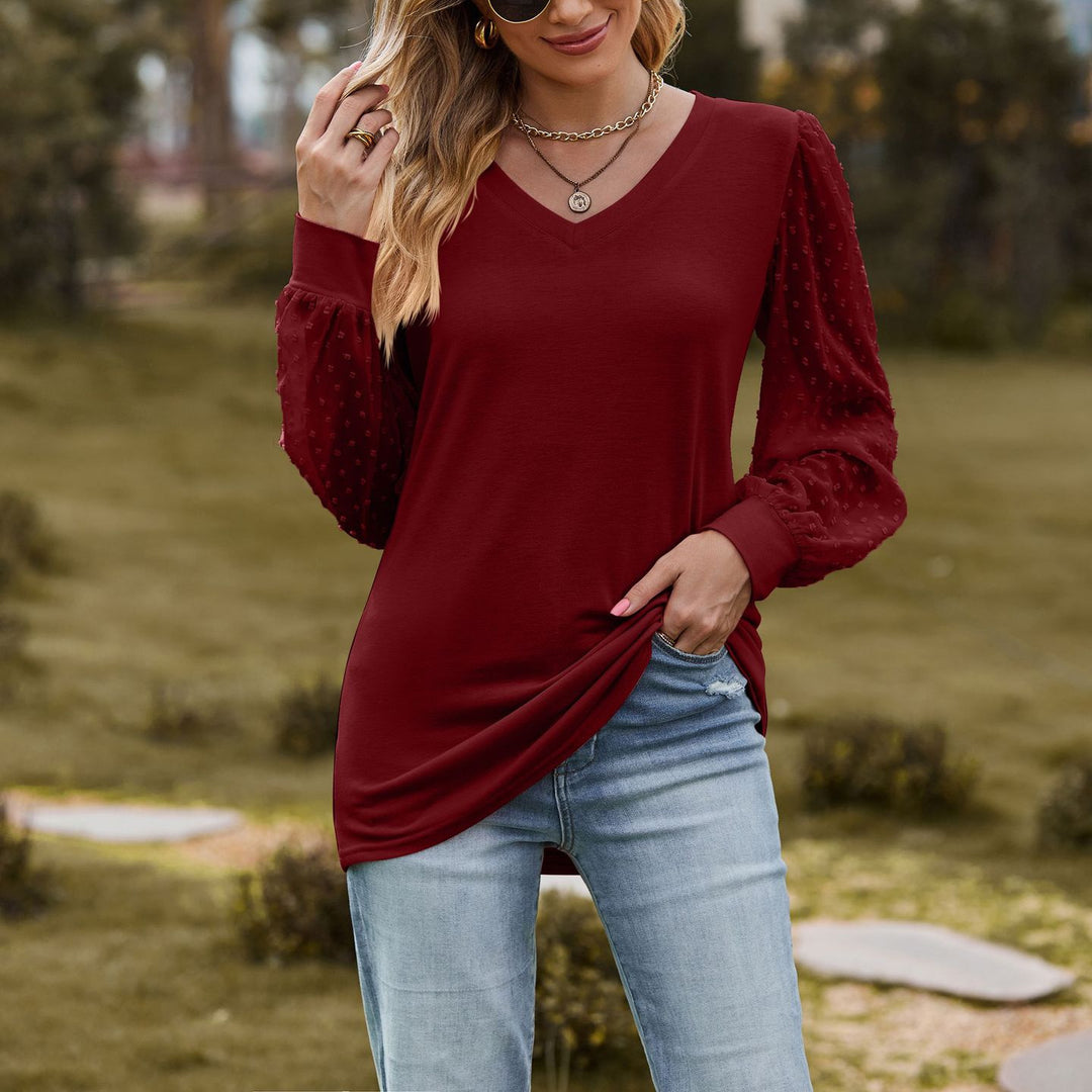 Damen elegantes V-Ausschnitt Oberteil mit Puffärmeln R&B