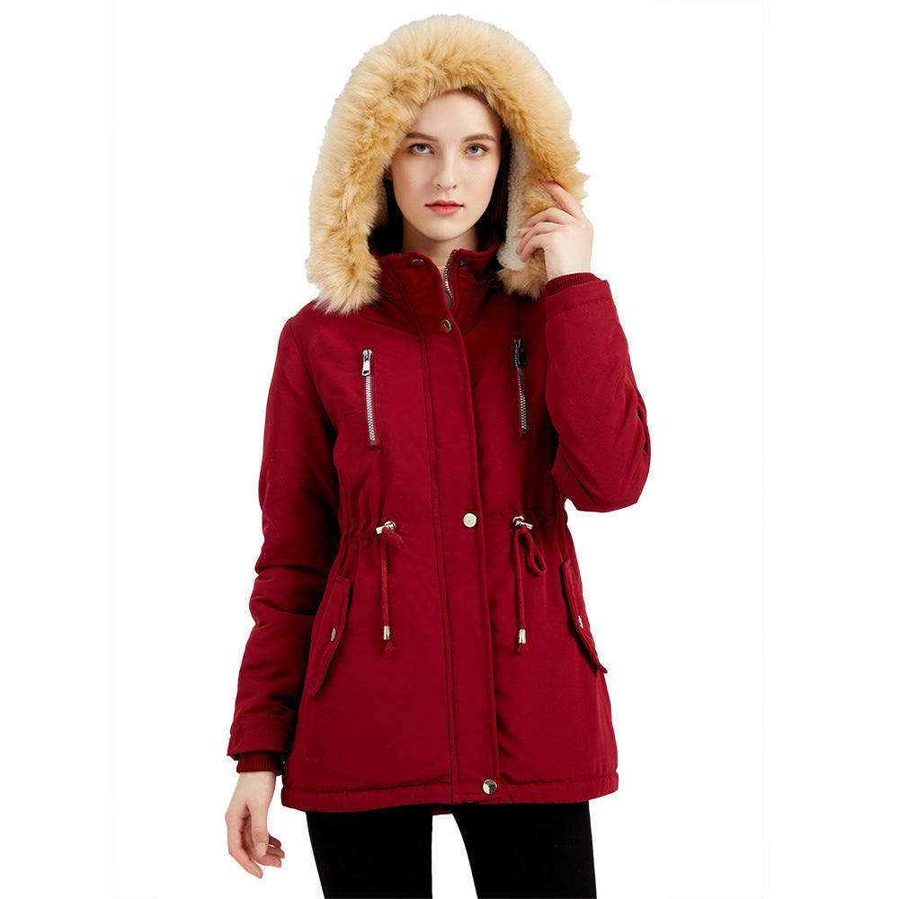 Damen modische Outdoor-Jacke mit abnehmbarem Kunstfellkragen und elastischem Taillenzug R&B
