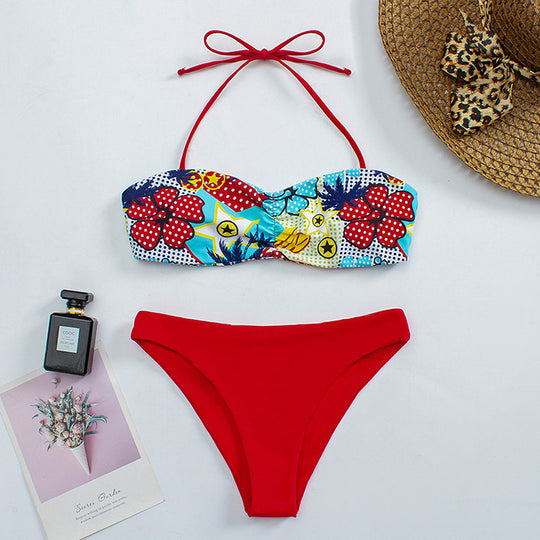 Damen Bandeau-Bikini mit floralem Muster und rutschfestem Design R&B