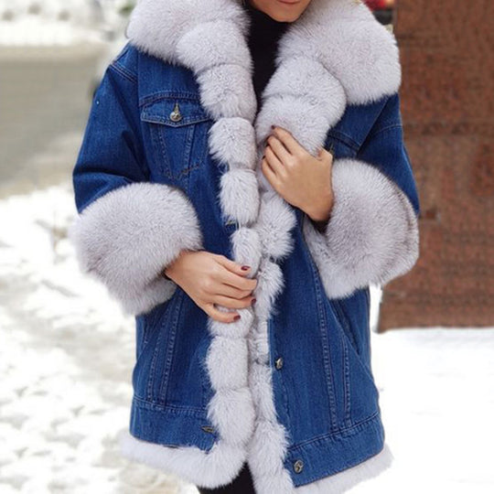 Damen Denimjacke mit luxuriös gefüttertem Kunstfellkragen R&B