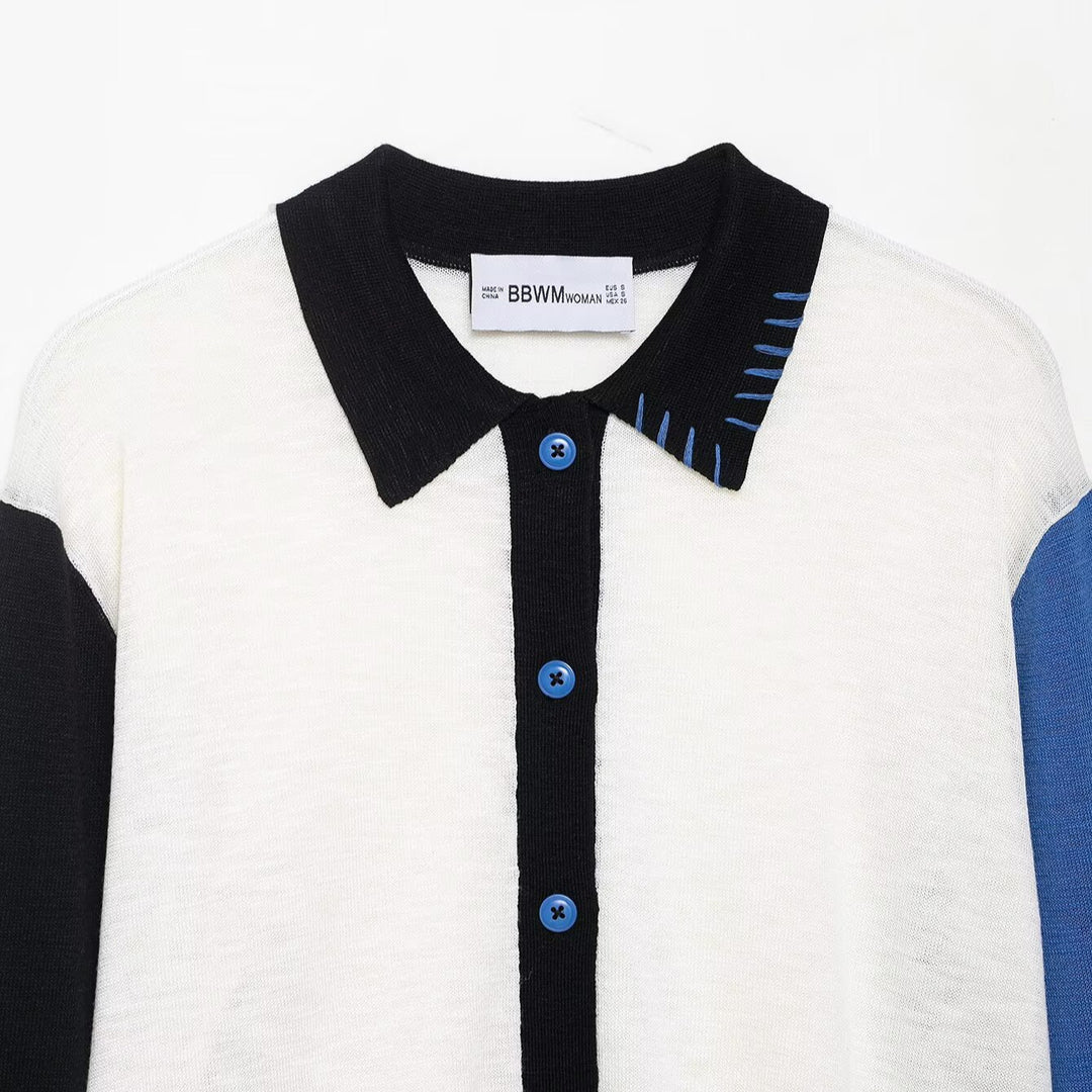 Damen modische Strickjacke mit farblich abgesetzten Ärmeln und Knopfverschluss R&B