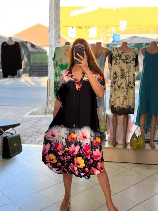Damen nan leichtes Hemdblusenkleid mit floralem Bordürenprint, offenem V‑Ausschnitt und Einschubtaschen R&B