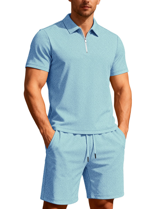 Herren nan komfortables Lounge-Zweiteiler aus strukturierter Baumwollmischung mit Halbzip-Poloshirt und Kordel-Shorts R&B
