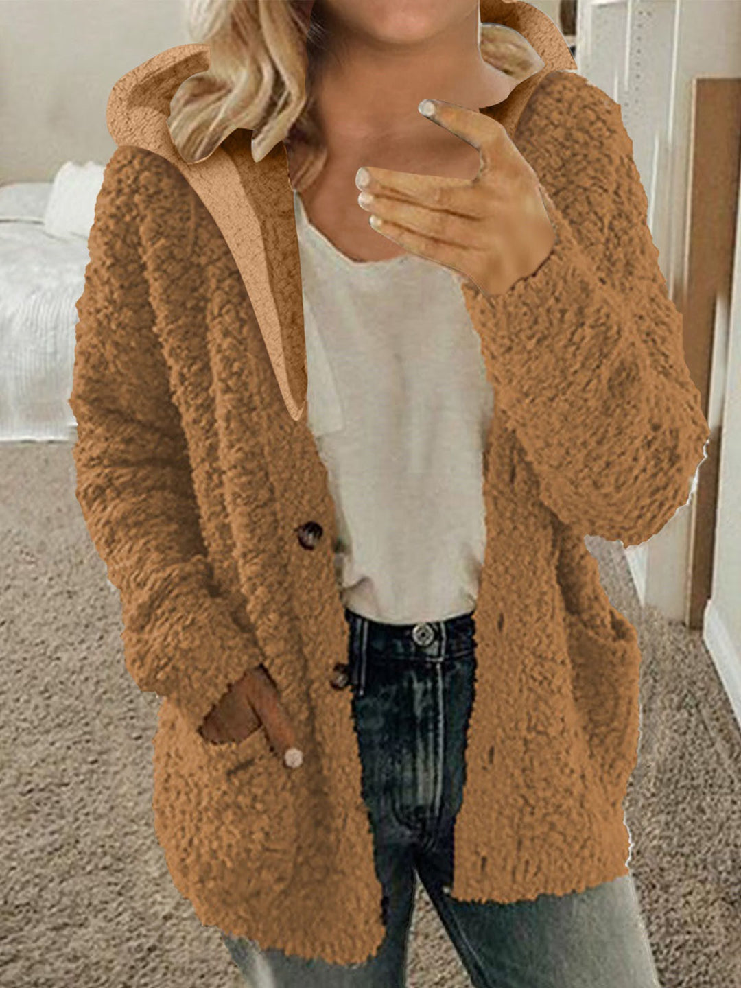 Damen kuschelige Fleecejacke mit Kapuze und praktischen Taschen R&B