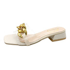 Damen modische transparente Mules mit goldener Kettenverzierung R&B