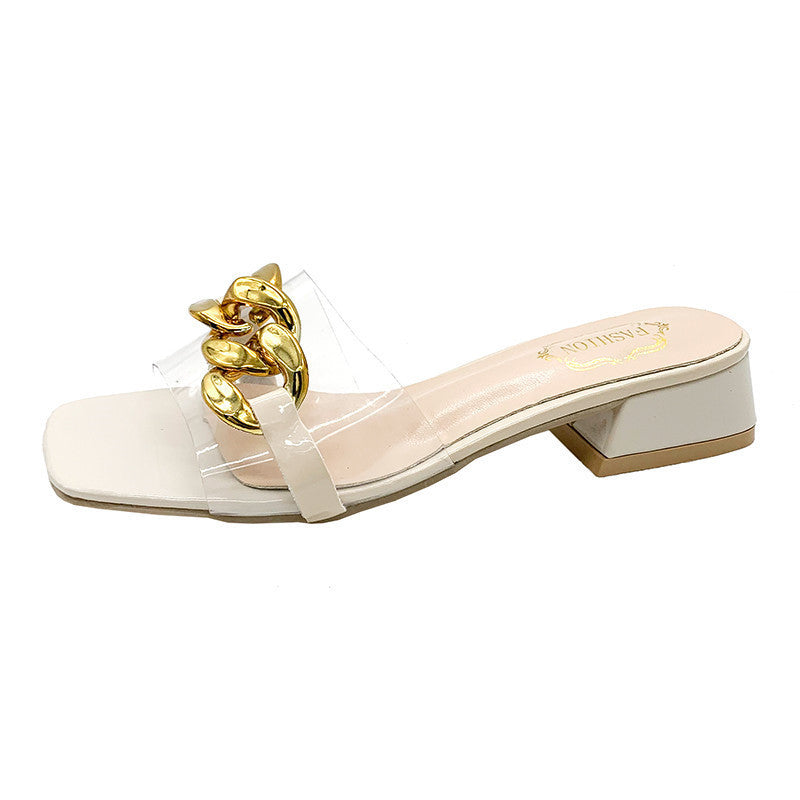 Damen modische transparente Mules mit goldener Kettenverzierung R&B
