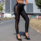 Damen Hochglänzende Leggings mit transparenten Mesh-Einsätzen und Strass-Detail