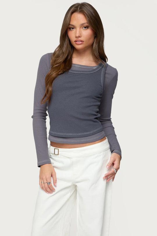 Damen Langarm-Crop-Top mit modischem Farbkontrast und nahtloser Verarbeitung R&B