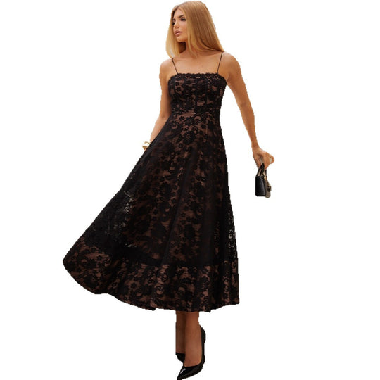 Damen Elegantes Maxikleid mit Spitzenverzierungen und Rüschensaum R&B